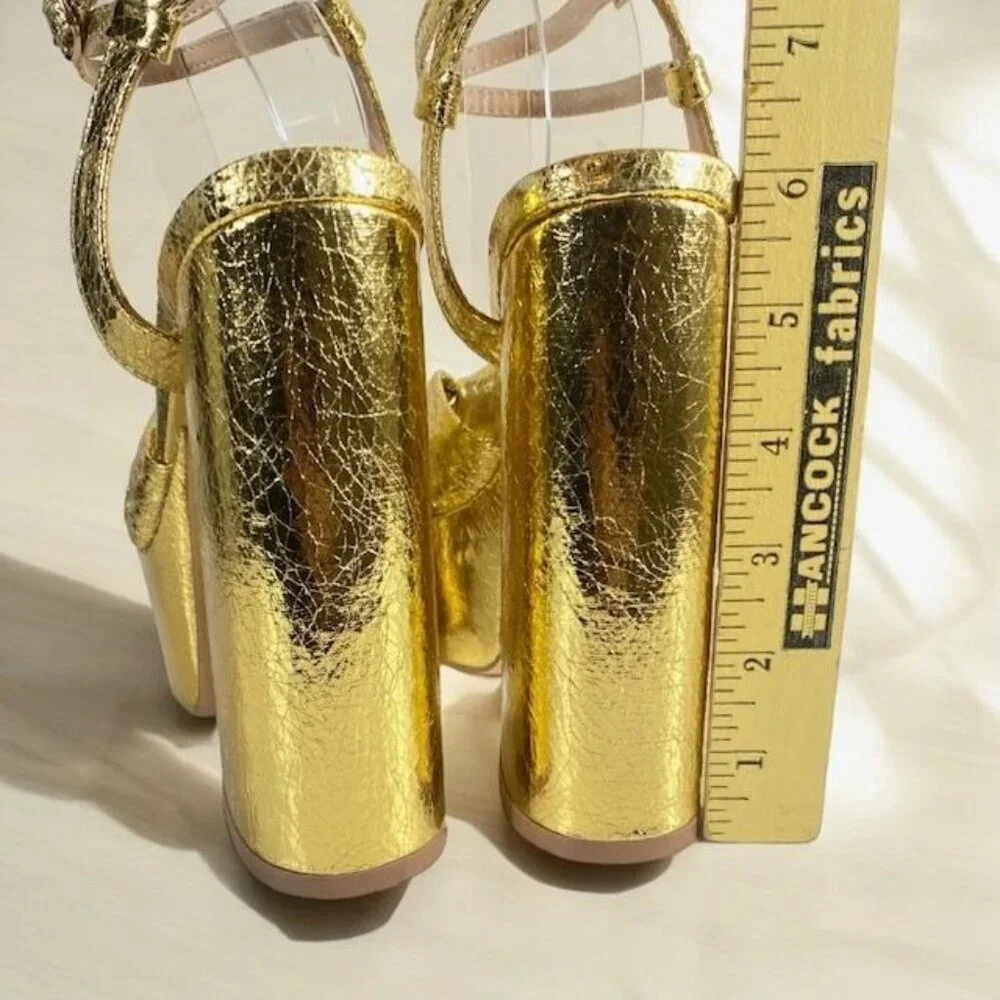 Lulus Bow Platform Ankle Strap Heels Gold Metallic Size 7M - Picture 8 of 13